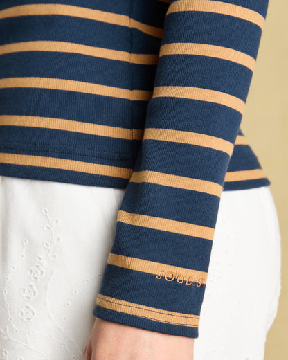 Joules Fairfield Navy Blue & Brown Striped Ribbed Long Sleeve Polo Shirt - Equiflair