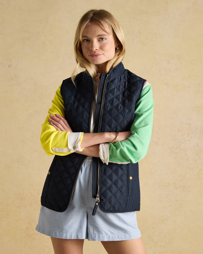 Joules Minx Navy Quilted Gilet for Women - Showerproof Recycled Polyester Outerwear Vest