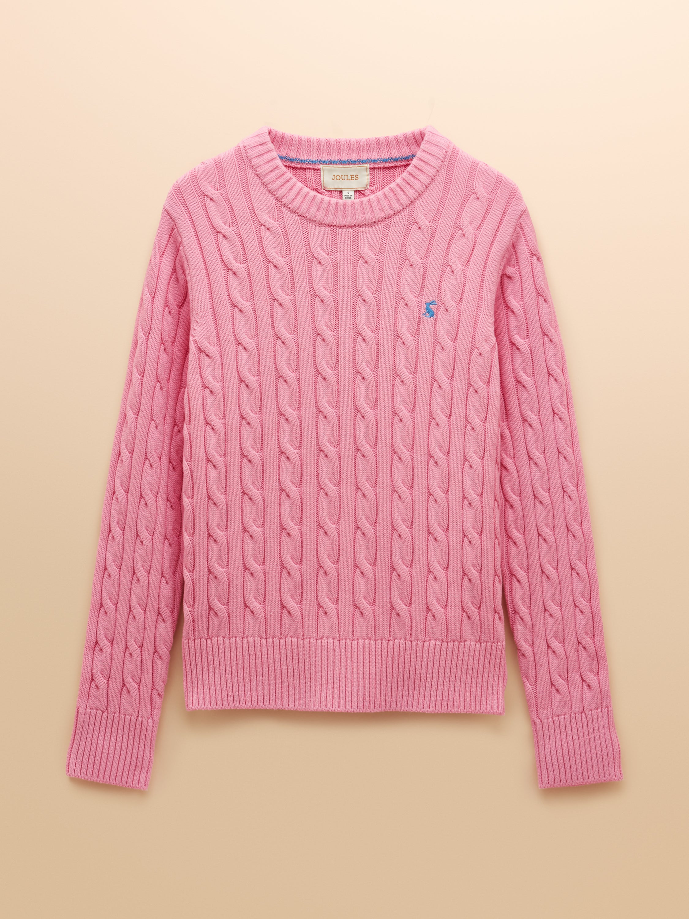 Joules Cable Knit Pink Cotton Crew Neck Jumper - Classic Design, Embroidered Hare Logo, Long Sleeves, Ribbed Trims.