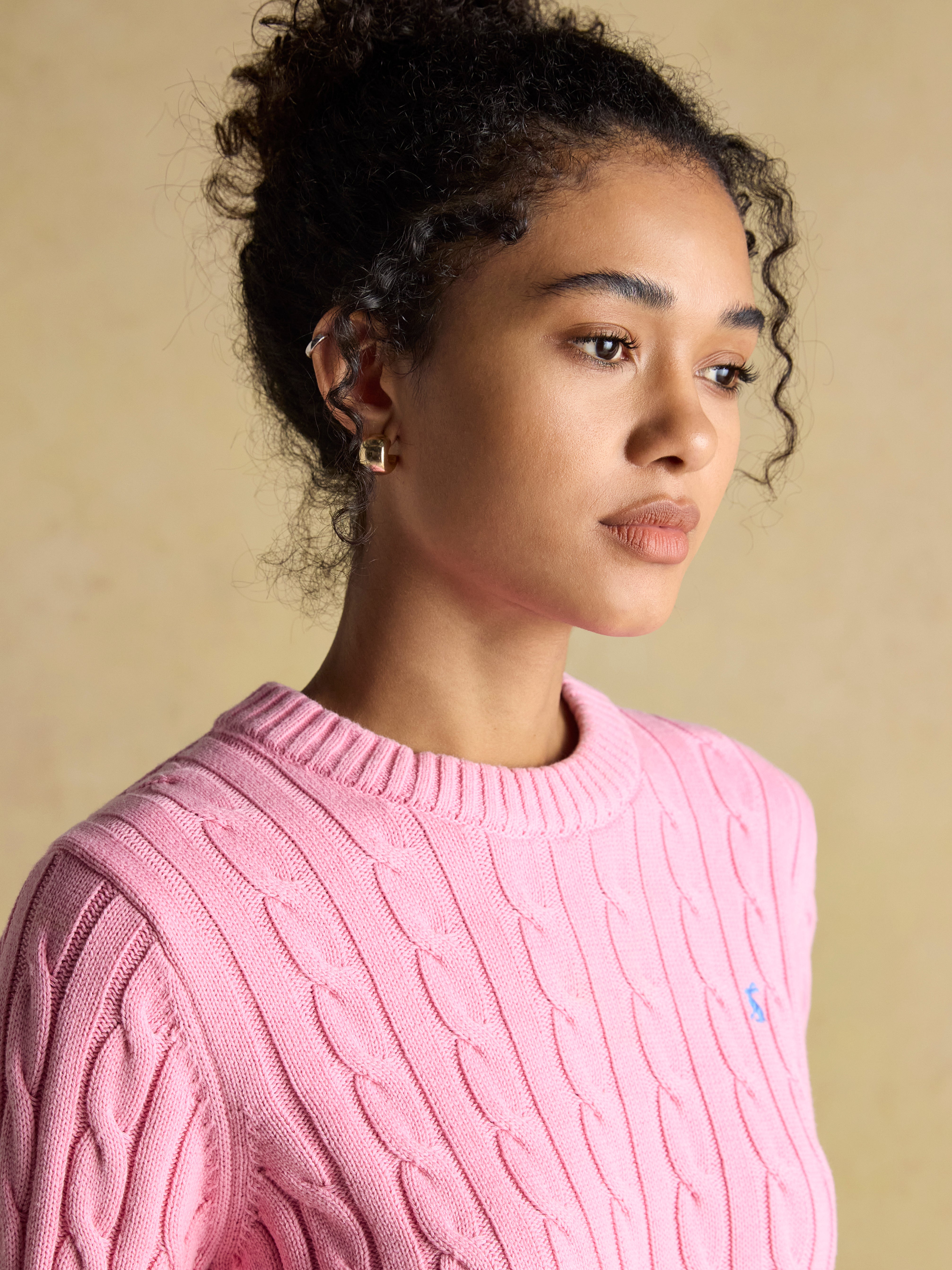 Joules Classic Cable Pink Cotton Jumper: Women's Crew Neck Knit with Embroidered Hare. Stylish & Comfortable!