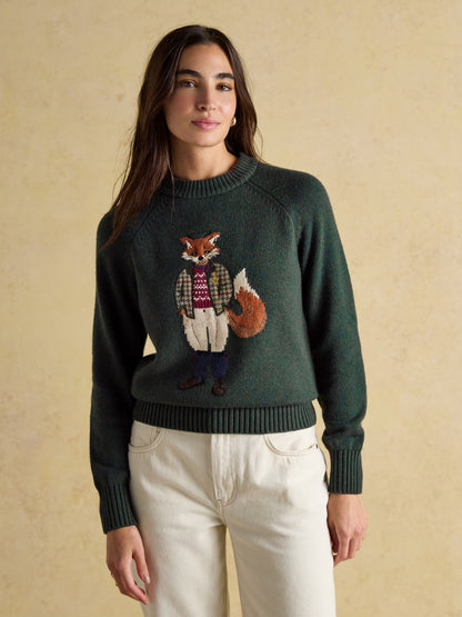 Joules Jonty Green Fox Sweater - Equiflair Cotton-Rich Crew Neck Jumper for Women