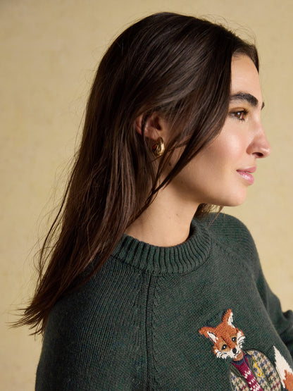 JOULES JONTY Green Fox Jumper: Intarsia Crew Neck Sweater for Women - Shop Now!