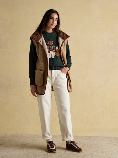 JOULES Jonty Fox Jumper: Green Intarsia Cotton Crew Neck Sweater for Women's Knitwear Style - Equiflair