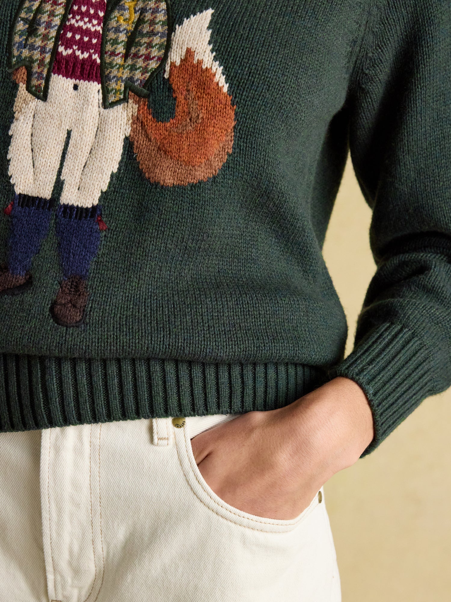 JOULES JONTY GREEN Intarsia Cotton-Rich Crew Neck Jumper with Fox Design
