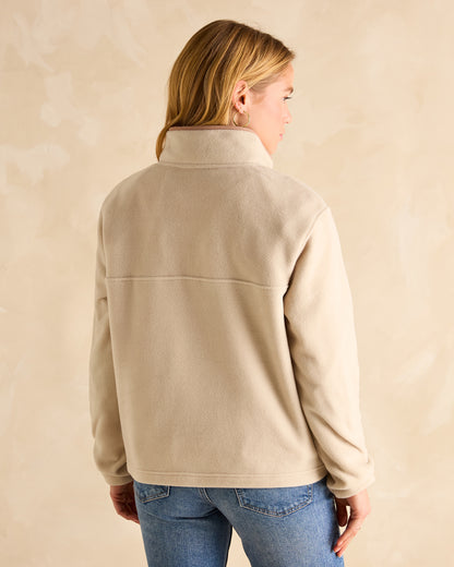 Joules Lulworth Beige Fleece: Cozy funnel neck fleece for women, back view.