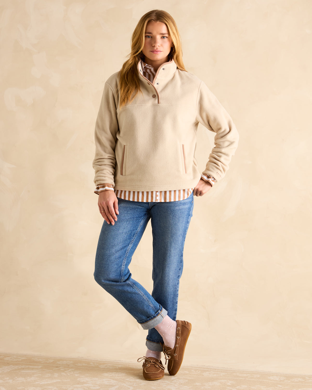 Joules Lulworth Beige Fleece Funnel Neck Top with Popper Fastenings