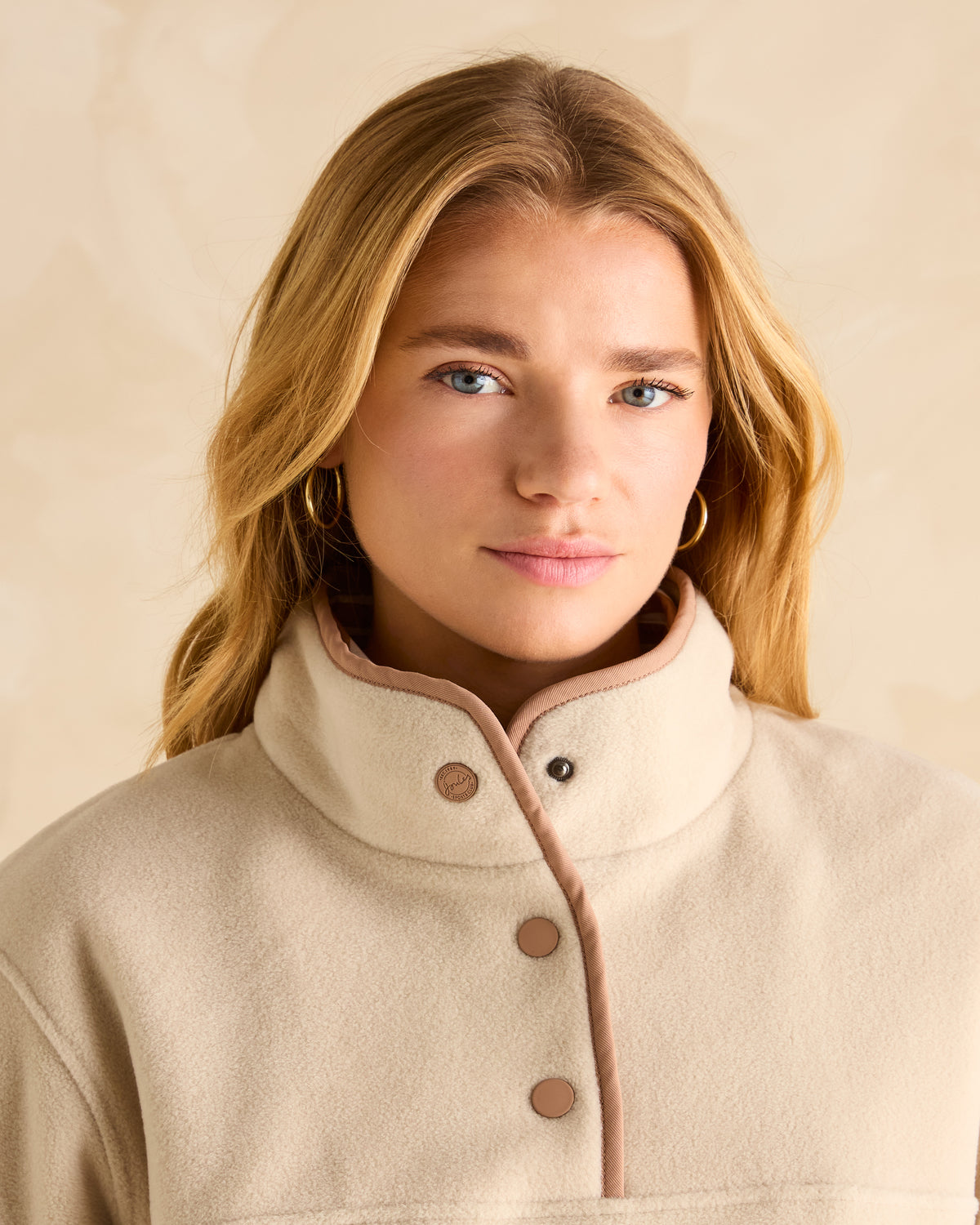 JOULES Lulworth Beige Fleece Funnel Neck - Soft & Cozy, Popper Placket, Stylish Women's Outerwear