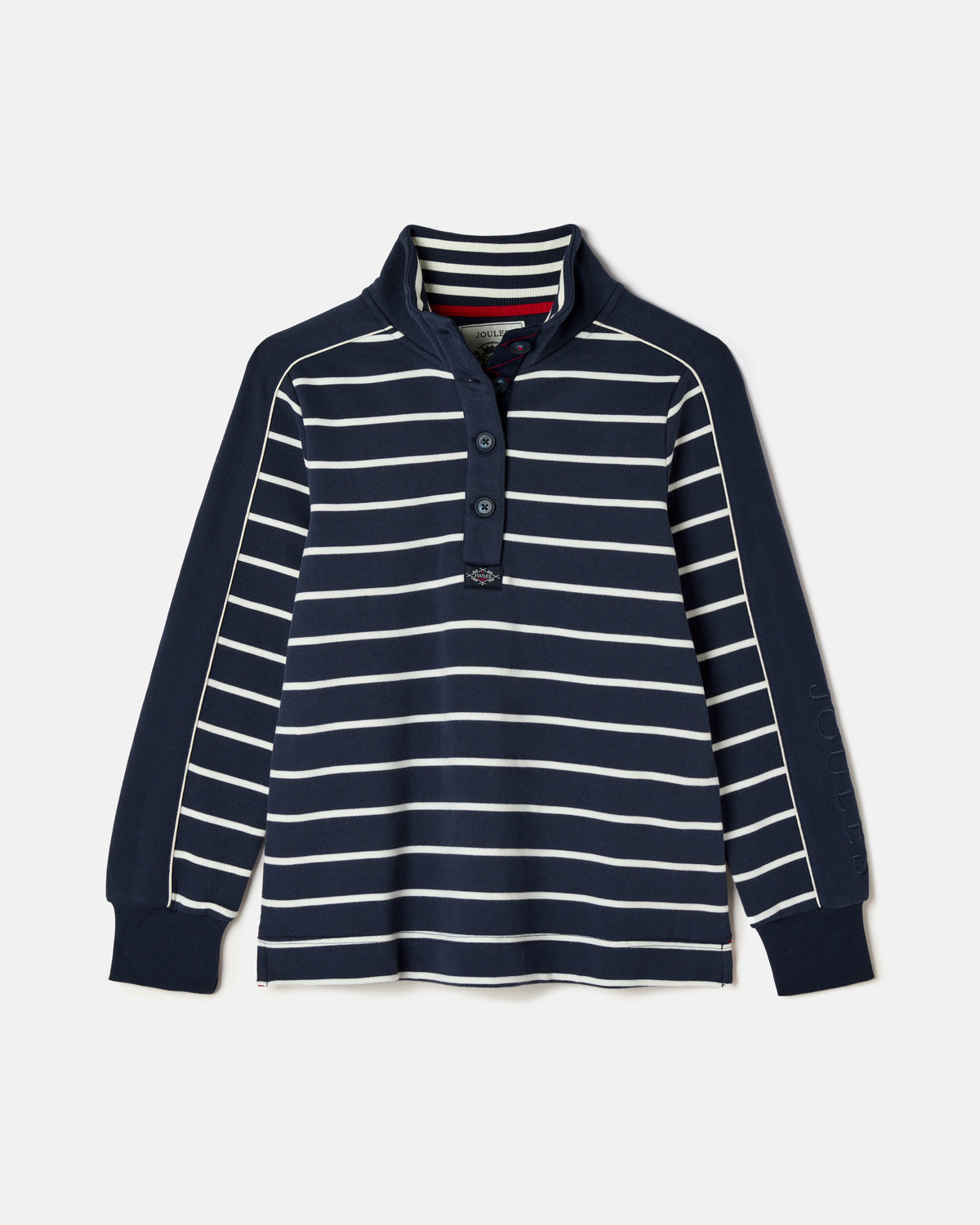 JOULES SOUTHWOLD Navy Striped Sweatshirt - Button Down Funnel Neck. Coastal Inspired Style.