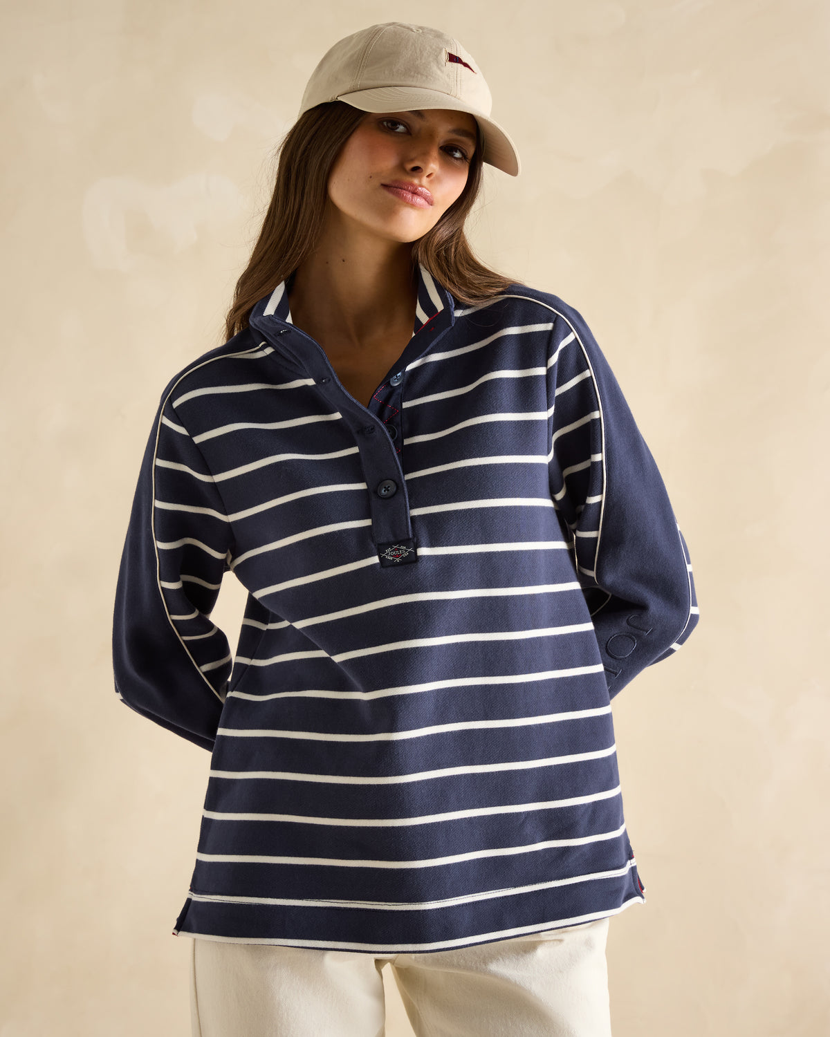 JOULES Southwold Navy Striped Button-Down Sweatshirt for women. Funnel neck, coastal style. Equiflair store.