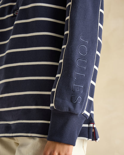 Joules Southwold Navy Striped Sweatshirt: Button-down funnel neck, coastal style. Equiflair.