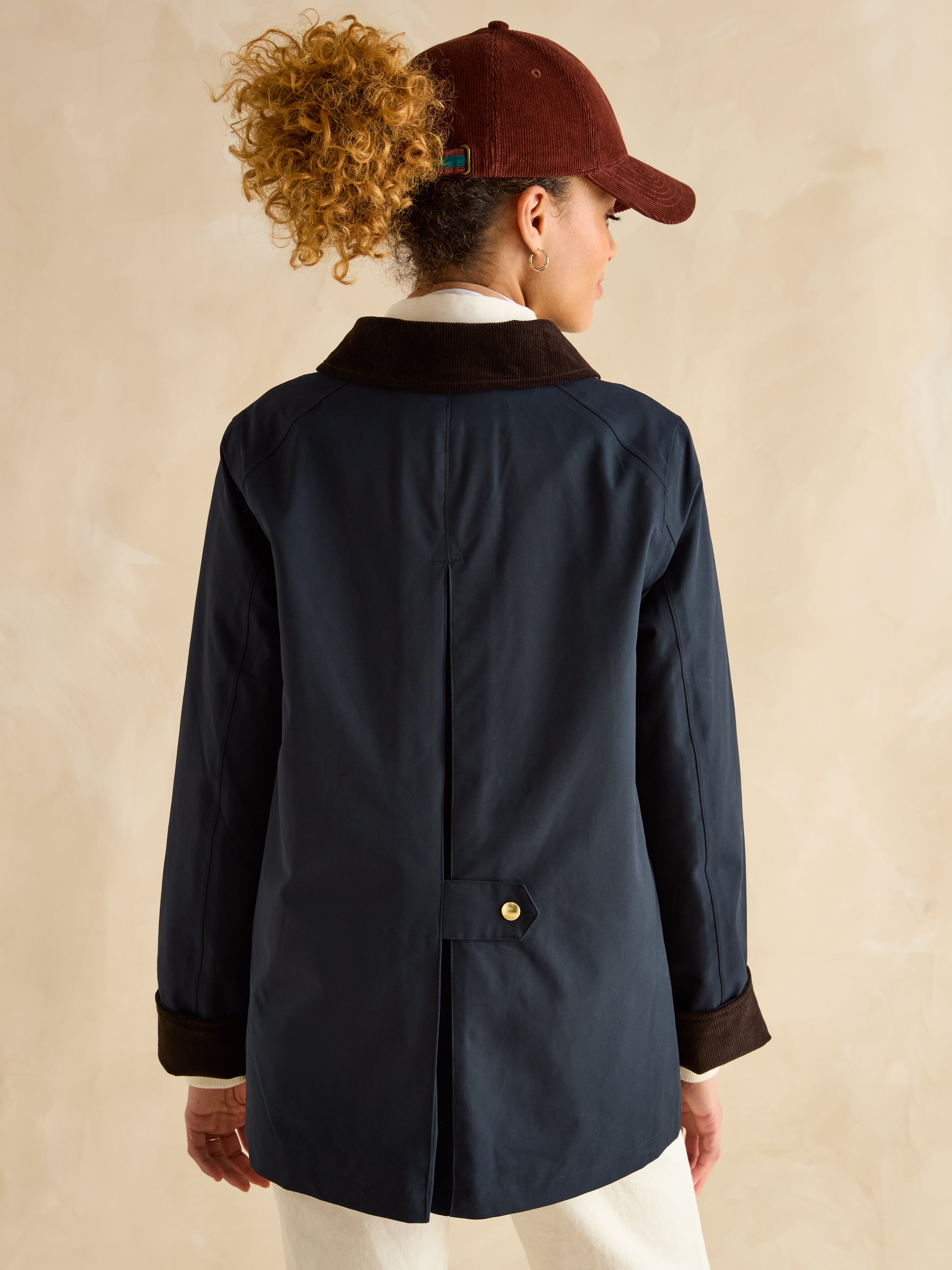 Joules Katherine Waterproof Coat Navy Back View | Women's Corduroy Collar Rain Jacket | Equiflair