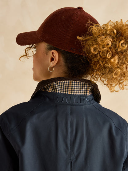 Joules Katherine Navy Waterproof Coat: Corduroy Collar, Check Lining. Women's fashion outdoor clothing. Country style rain jacket.