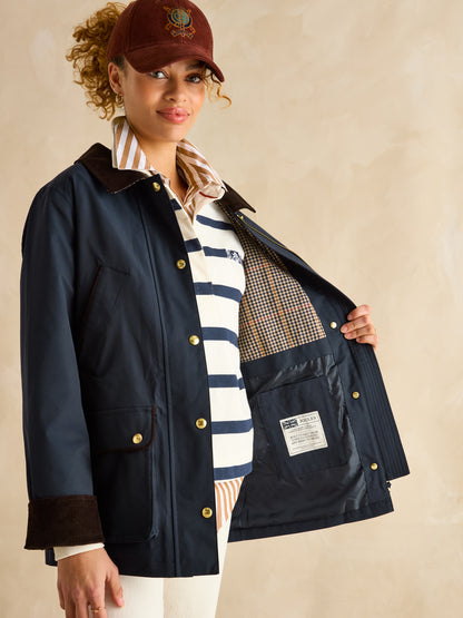 JOULES KATHERINE WATERPROOF COAT NAVY - Heritage Style, Country-Inspired, Corduroy Collar