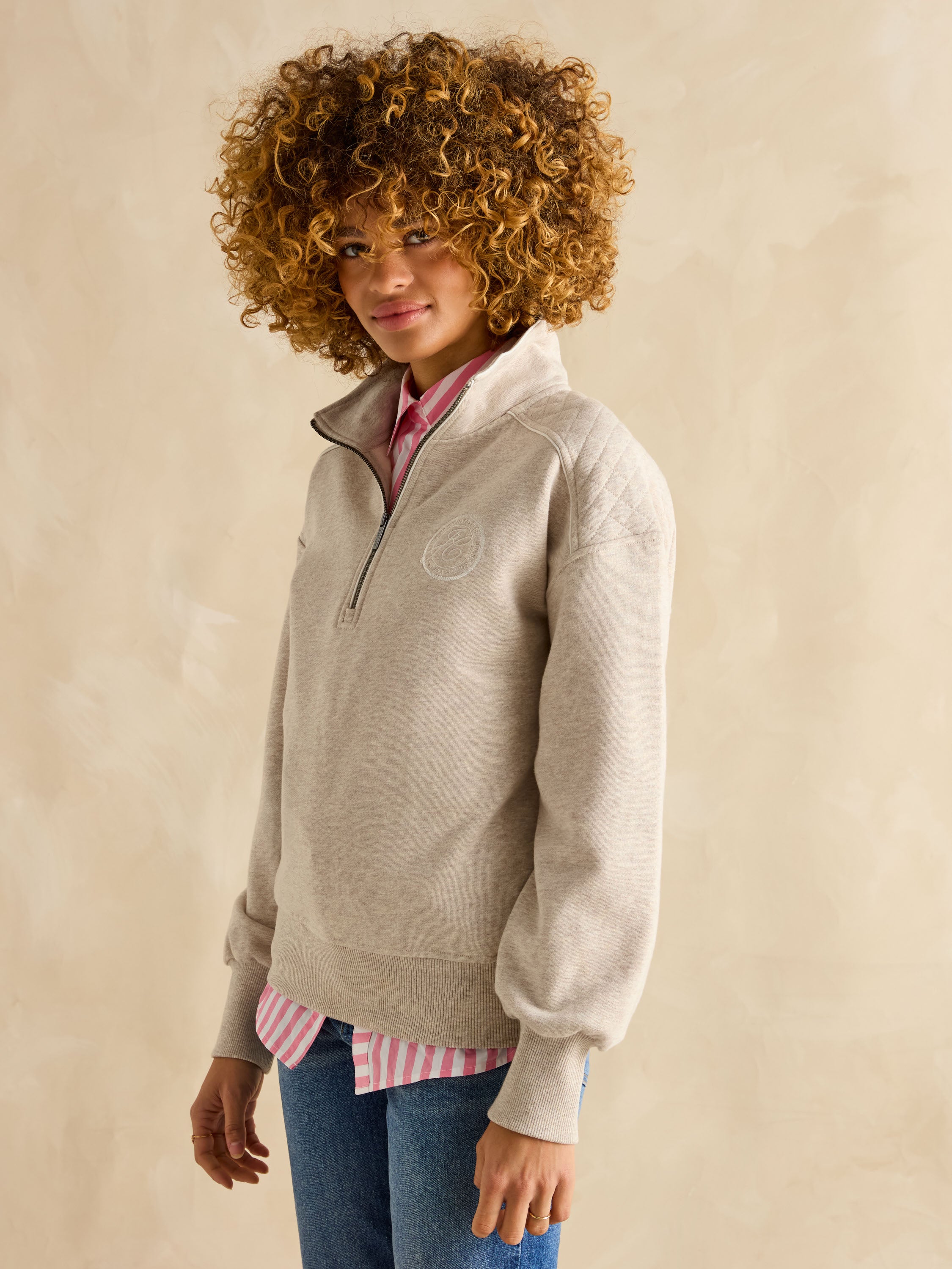 Joules Racquet Cream Half Zip Sweatshirt - Women's Cream Sweater with Quilted Shoulders