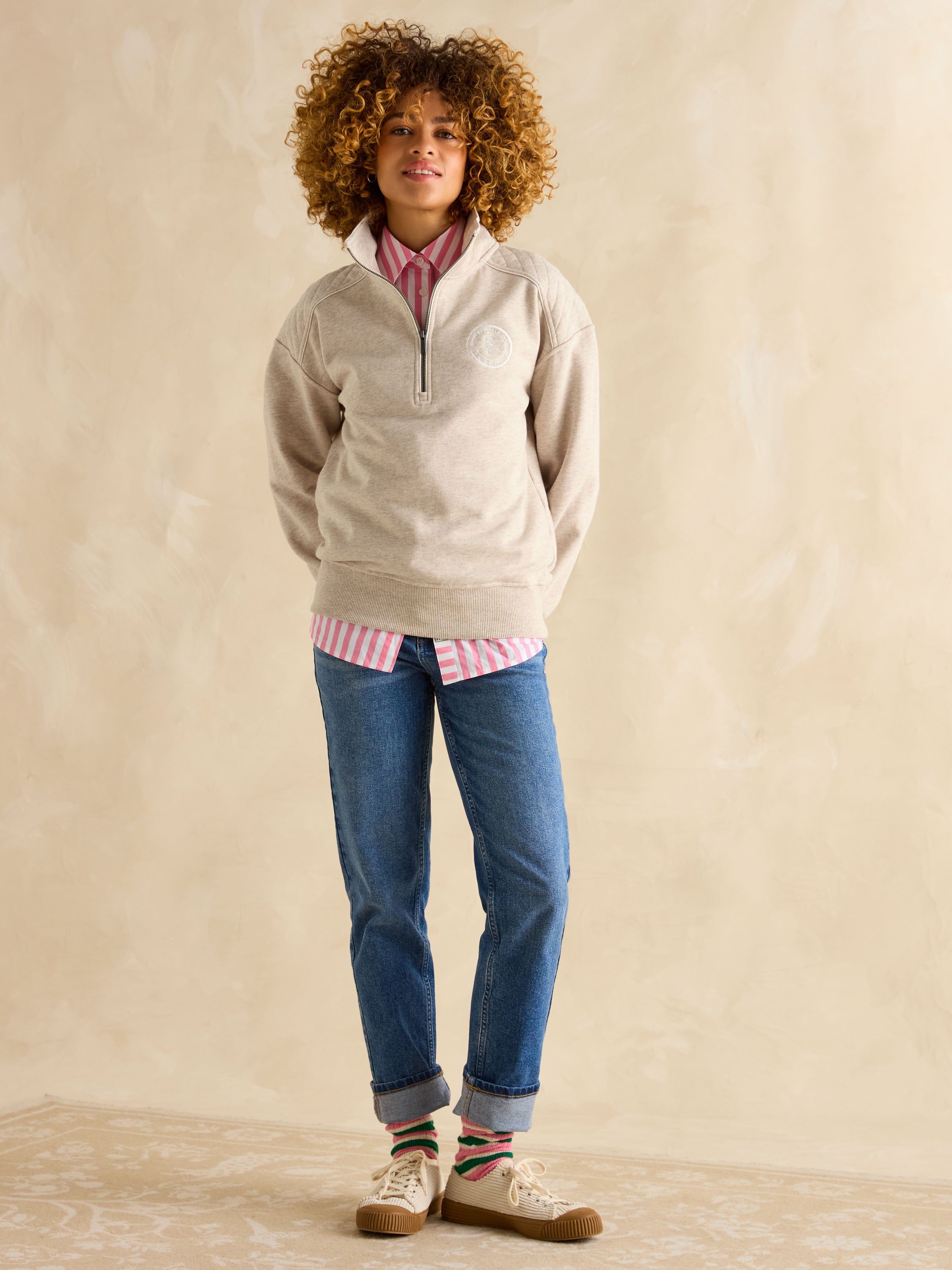JOULES RACQUET CREAM HALF ZIP SWEATSHIRT: Cotton, quilted shoulders, Joules Country Club badge.