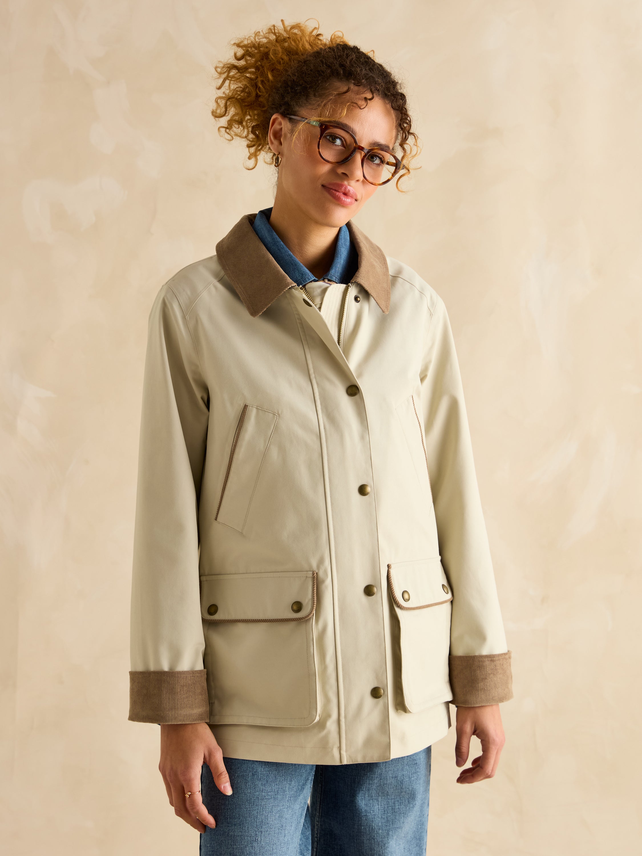 Joules Katherine Waterproof Coat Stone, Equiflair, woman wearing outdoor jacket with corduroy collar.