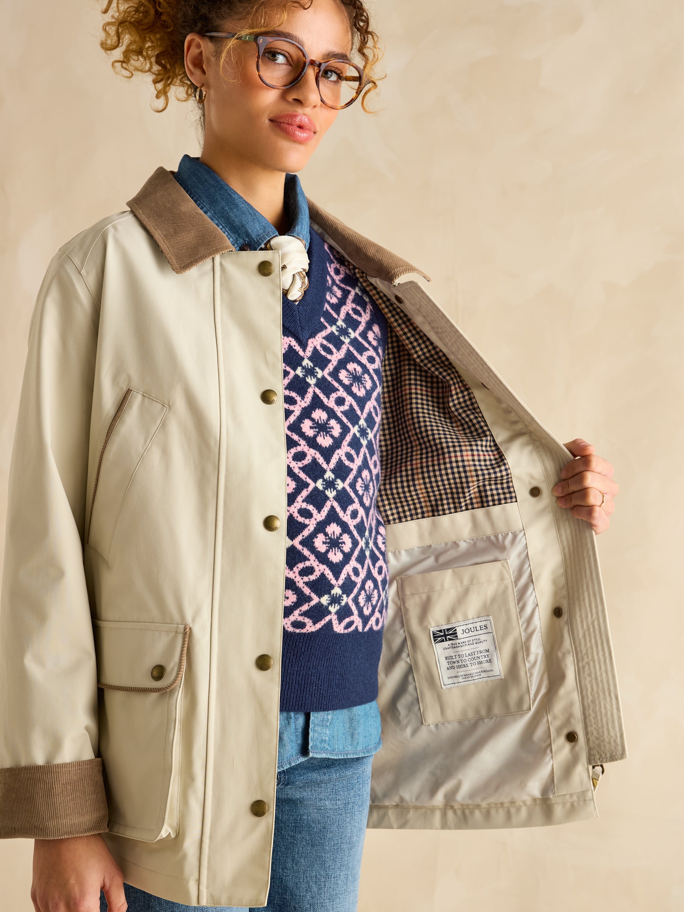 Joules Katherine Waterproof Coat in Stone: Country Style, Corduroy Collar, Check Lining, British Weather Ready. Stylish Outerwear