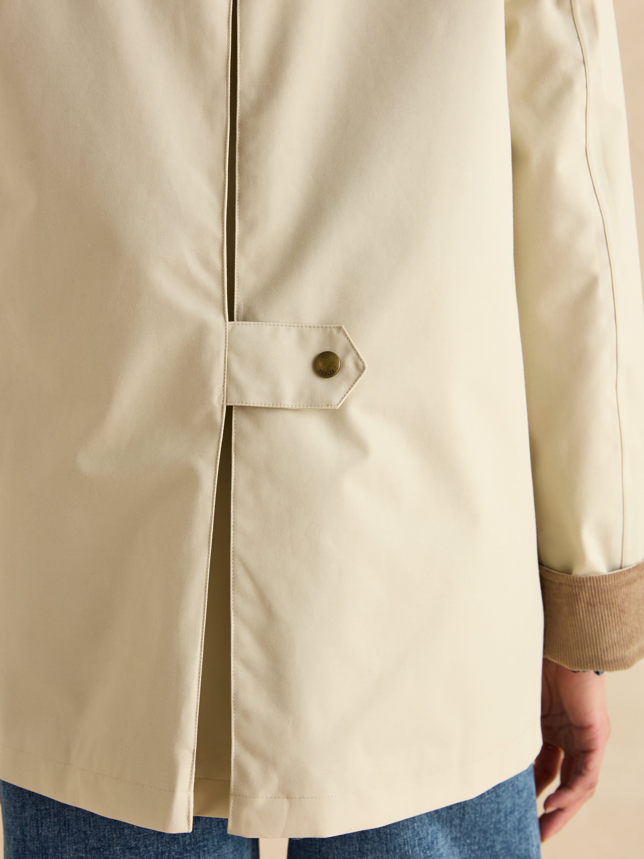 Joules Katherine Waterproof Coat Stone: Back View, Pleat Detail, and Joules Button for Country-Inspired Style