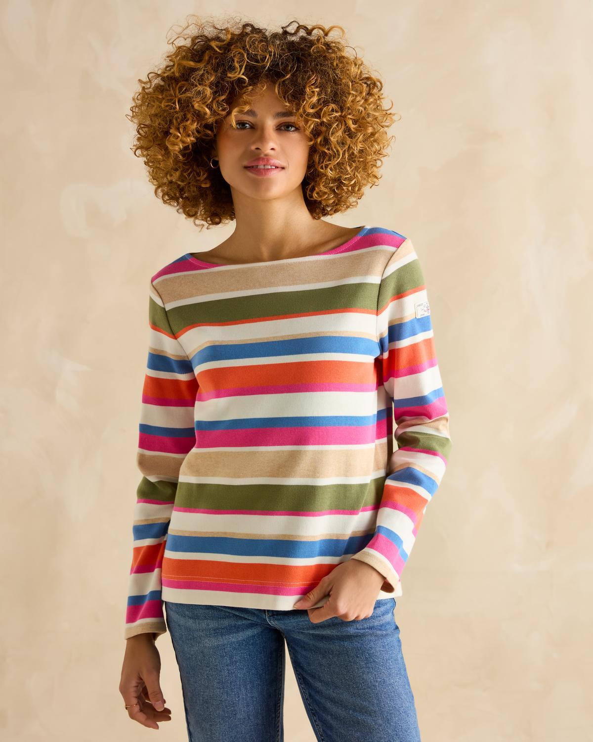 Joules Harbour Top - Green & Pink Stripe - Women's Striped Long Sleeve Shirt - Equiflair