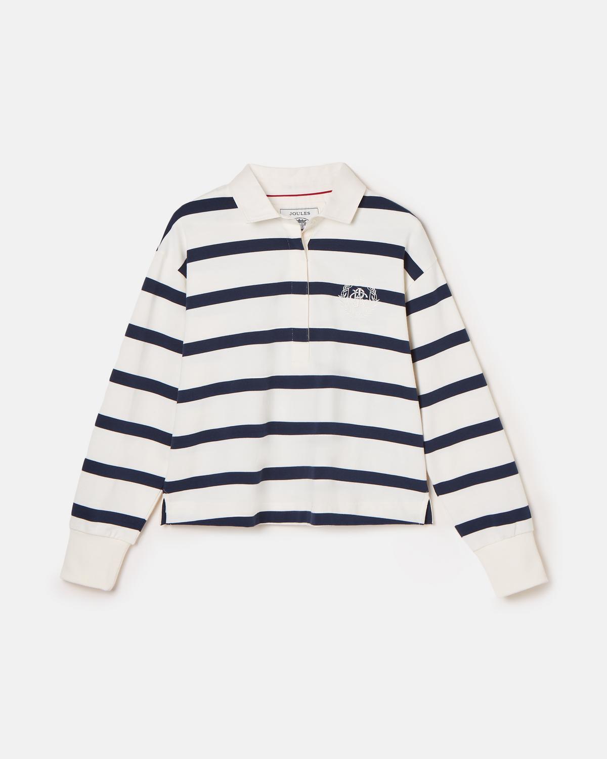 JOULES LARA NAVY STRIPE Long Sleeve Rugby Shirt - Striped Cotton Top with Embroidered Detail, Casual Women's Fashion