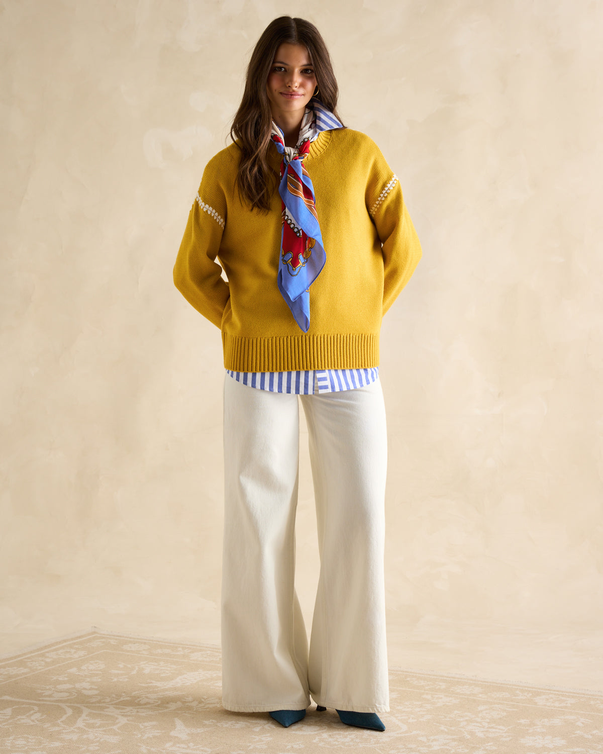 Joules Alexandra Yellow Jumper: Blanket Stitch Sweater, Woman's Fashion