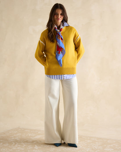 Joules Alexandra Yellow Jumper: Blanket Stitch Sweater, Woman's Fashion