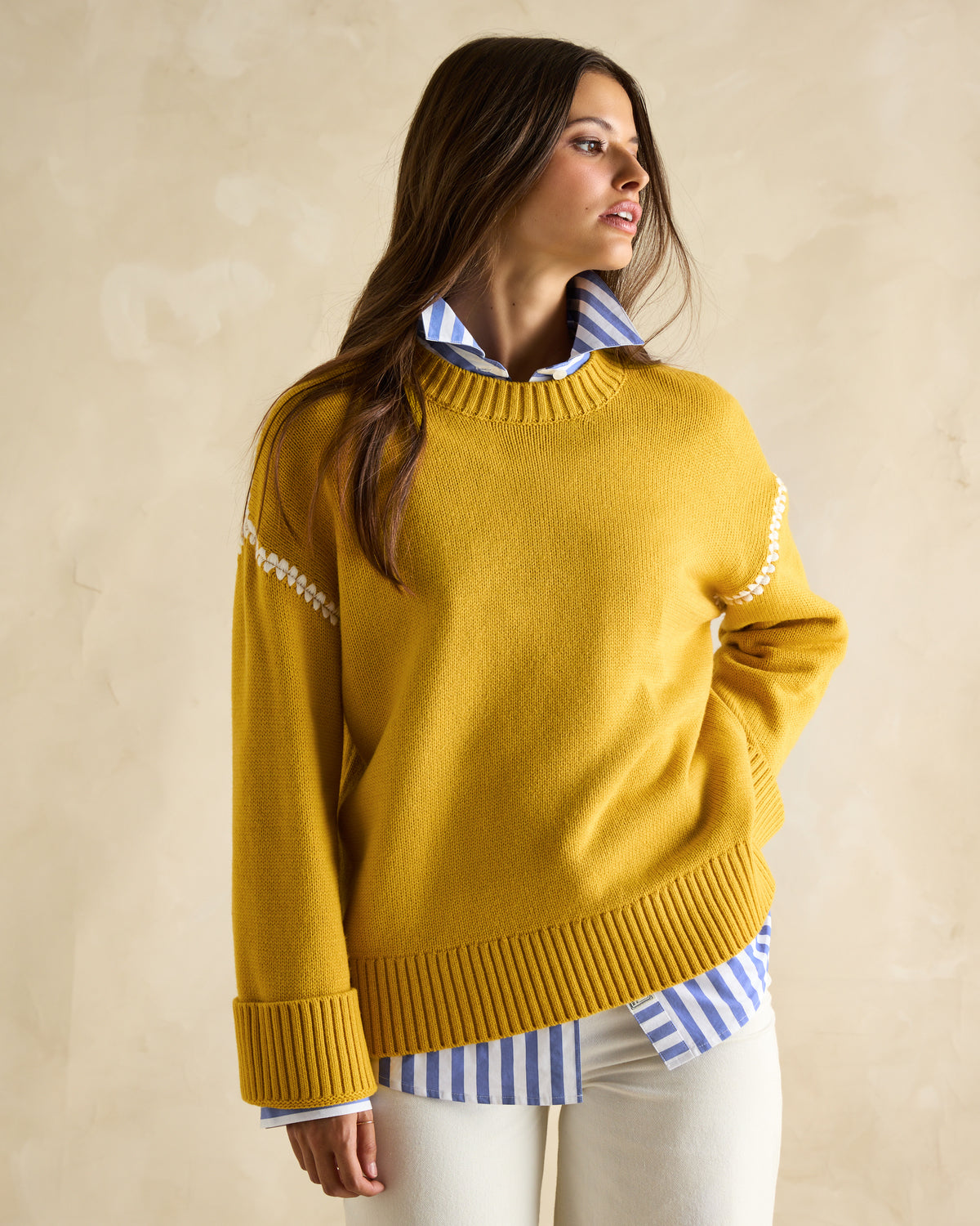 JOULES ALEXANDRA Jumper, Yellow Knit Sweater, Blanket Stitch Detail, Round Neck, Ribbed Cuffs, Women's Fashion, Equiflair