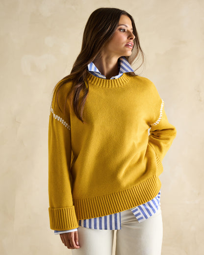 JOULES ALEXANDRA Jumper, Yellow Knit Sweater, Blanket Stitch Detail, Round Neck, Ribbed Cuffs, Women's Fashion, Equiflair