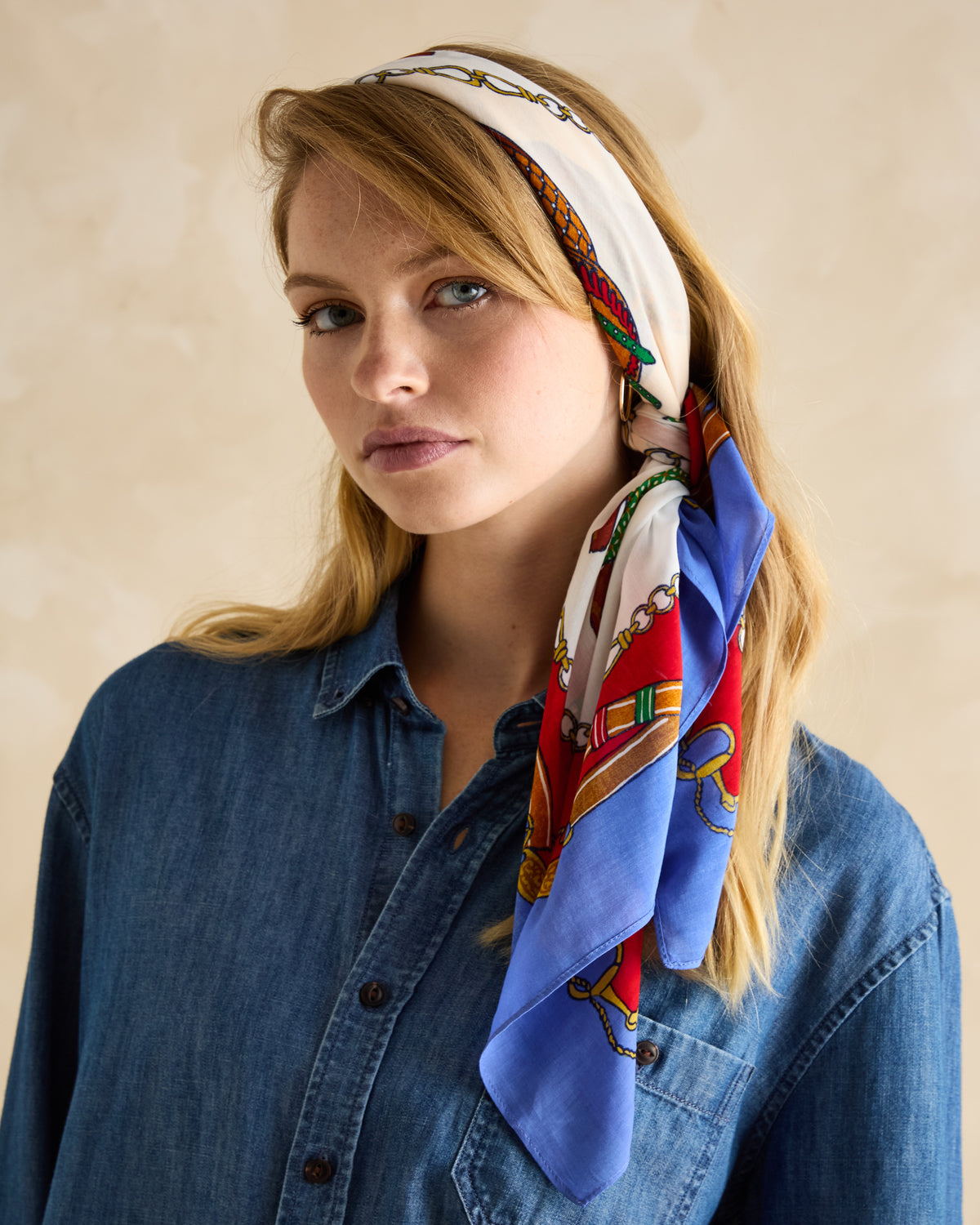 JOULES Middleton Scarf: Blue and Neutral square head scarf. Designer fashion accessory for women.