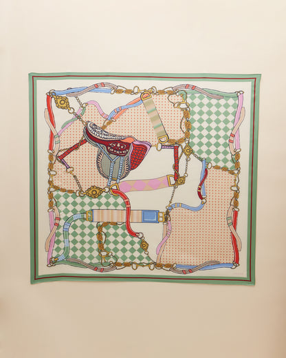 Joules Bloomfield Silk Scarf - Green & Ecru Square Scarf with Horse-themed Heritage Print - Equestrian Style