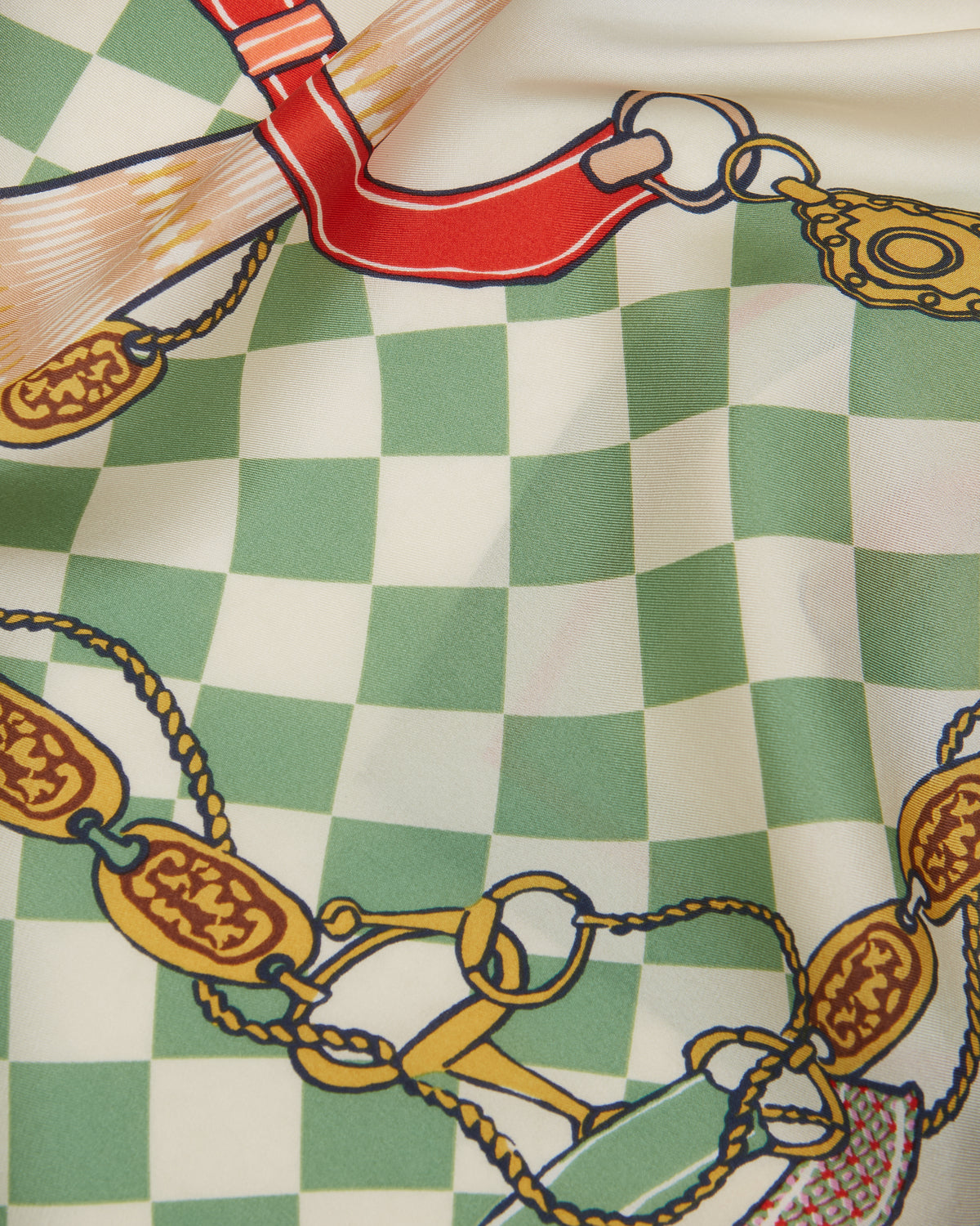 Joules Bloomfield Silk Scarf - Green & Ecru Checkered Heritage Print with Equestrian Horse Bit Detail