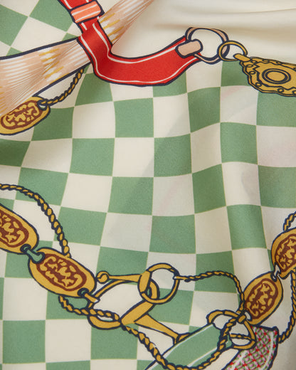 Joules Bloomfield Silk Scarf - Green & Ecru Checkered Heritage Print with Equestrian Horse Bit Detail