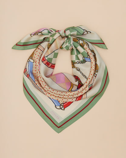 JOULES Bloomfield Green Silk Scarf: Heritage Print, Square Scarf, Equestrian Inspired Design, Neck Scarf, Head Scarf