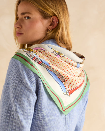 JOULES Bloomfield Silk Scarf Green Ecru: Woman wearing luxury square scarf with heritage print