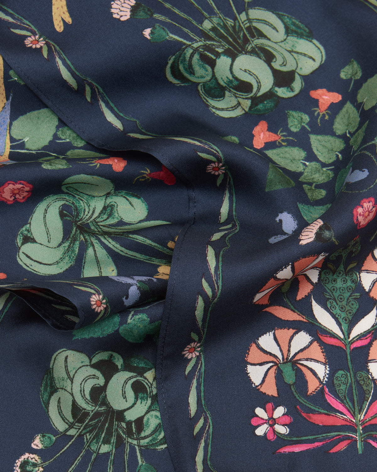 JOULES HIGHGROVE SKINNY SCARF Navy Floral Print - Equiflair. Silk scarf close-up.