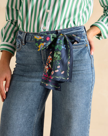 JOULES Highgrove Navy Floral Silk Scarf tied on Jeans. Equiflair store.