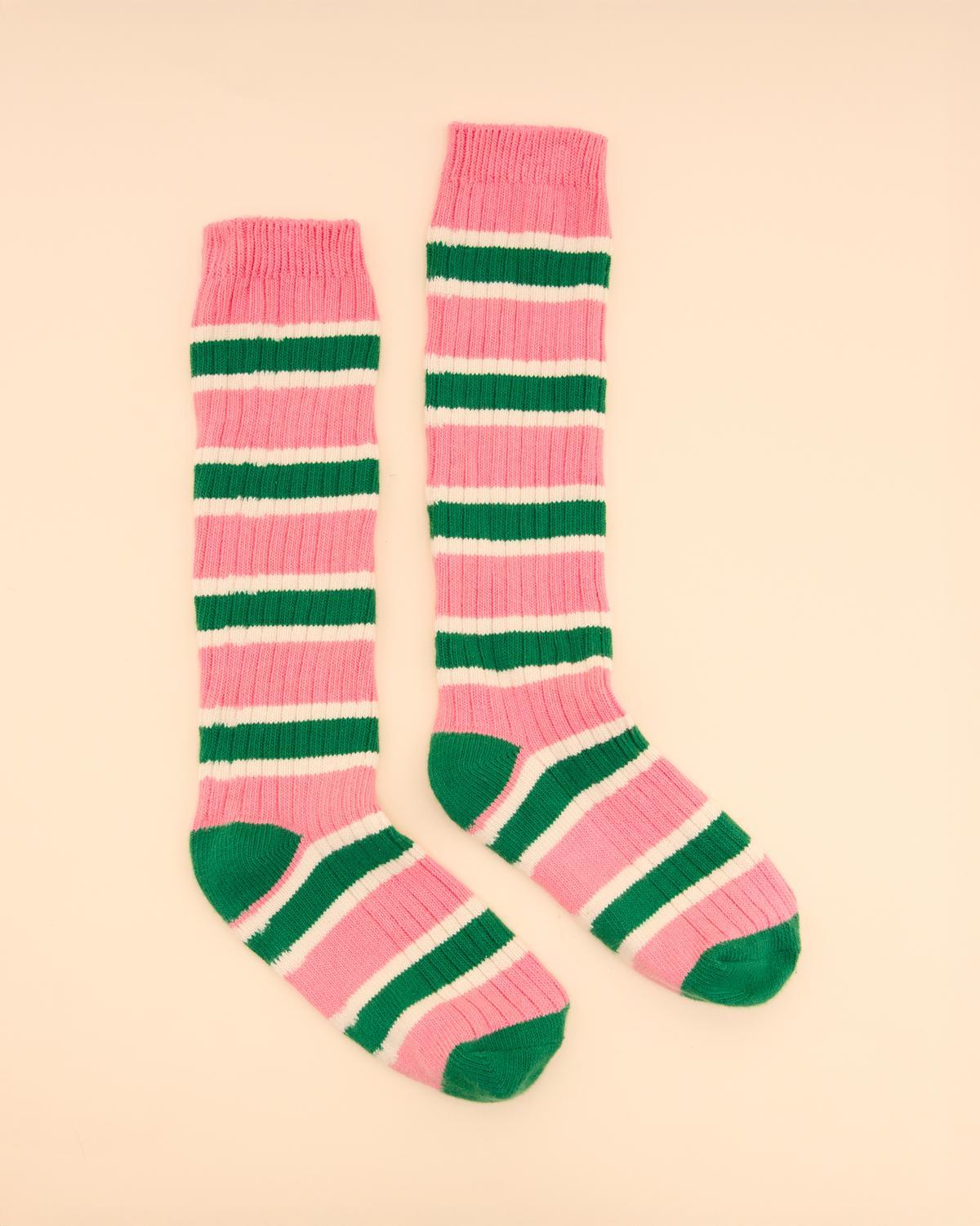 JOULES Pink & Green Striped Welly Socks: Comfortable Cotton Blend Wellington Boot Socks for Women