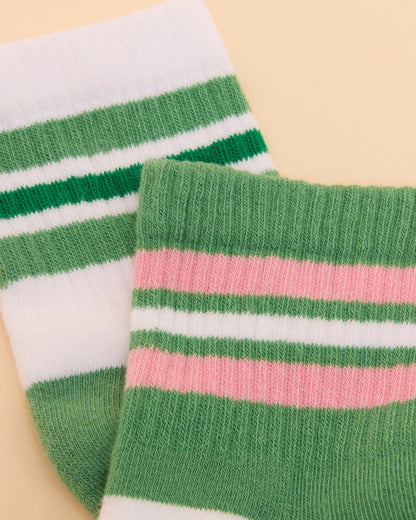 JOULES Volley Socks 2 Pack Green: Striped Cotton Blend Athletic Socks, Tennis Inspired, Ribbed Cuffs