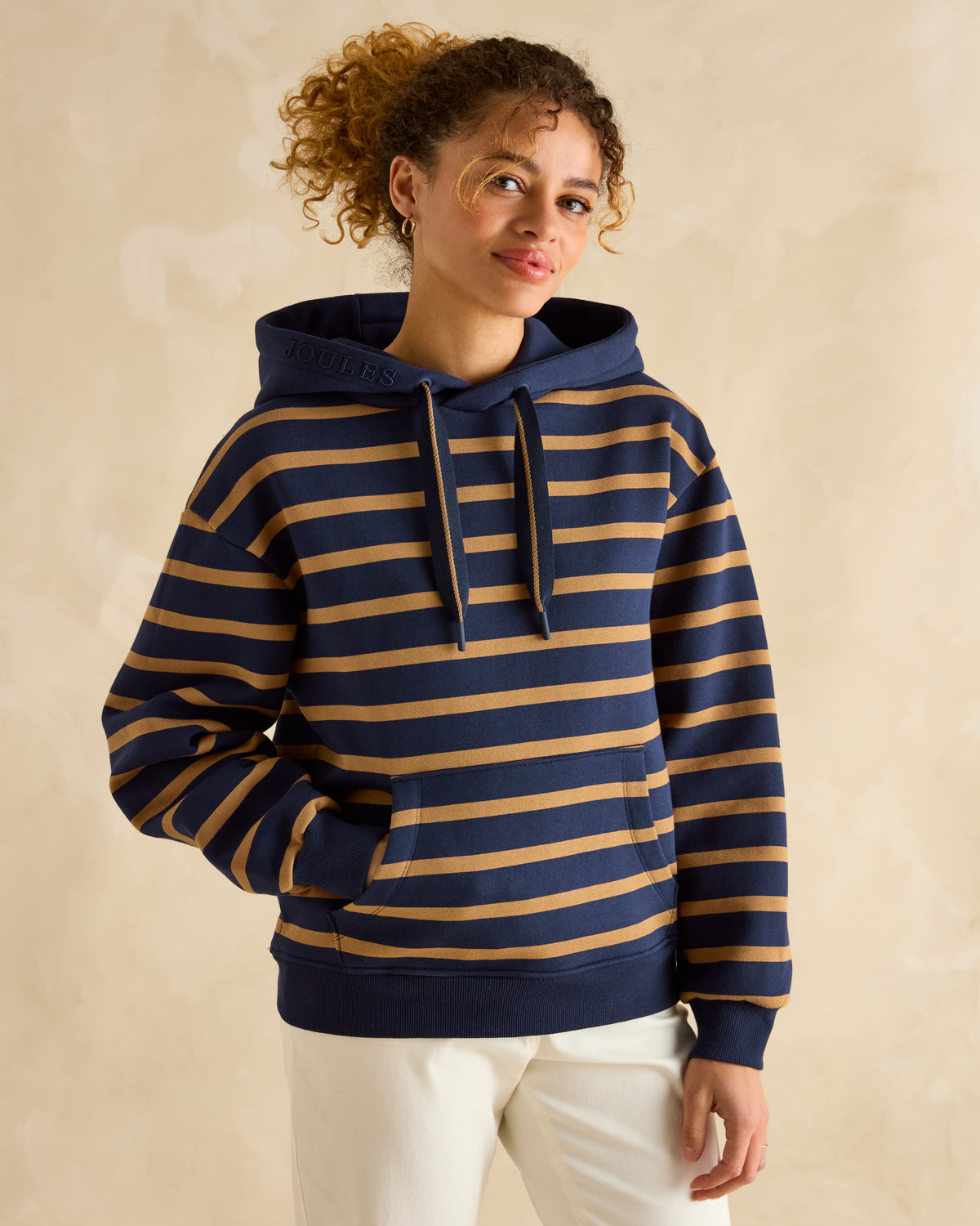 JOULES Milbourne Navy & Tan Stripe Hoodie - Women's Relaxed Fit Cotton Blend Sweatshirt with Hood & Kangaroo Pocket