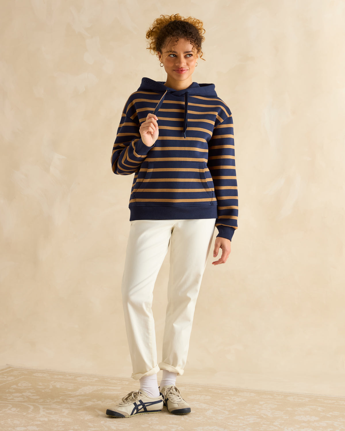 JOULES Milbourne Navy & Tan Striped Hoodie: Women's Relaxed Fit Cotton Blend Sweatshirt with Hood.