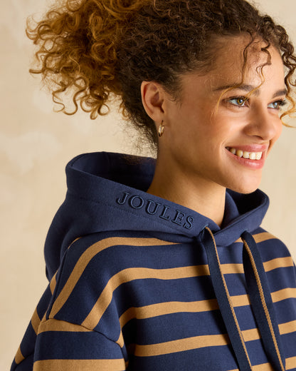 JOULES MILBOURNE Navy Tan Stripe Hoodie - Equiflair Saddlery: Cotton blend, relaxed fit, comfortable casual wear.