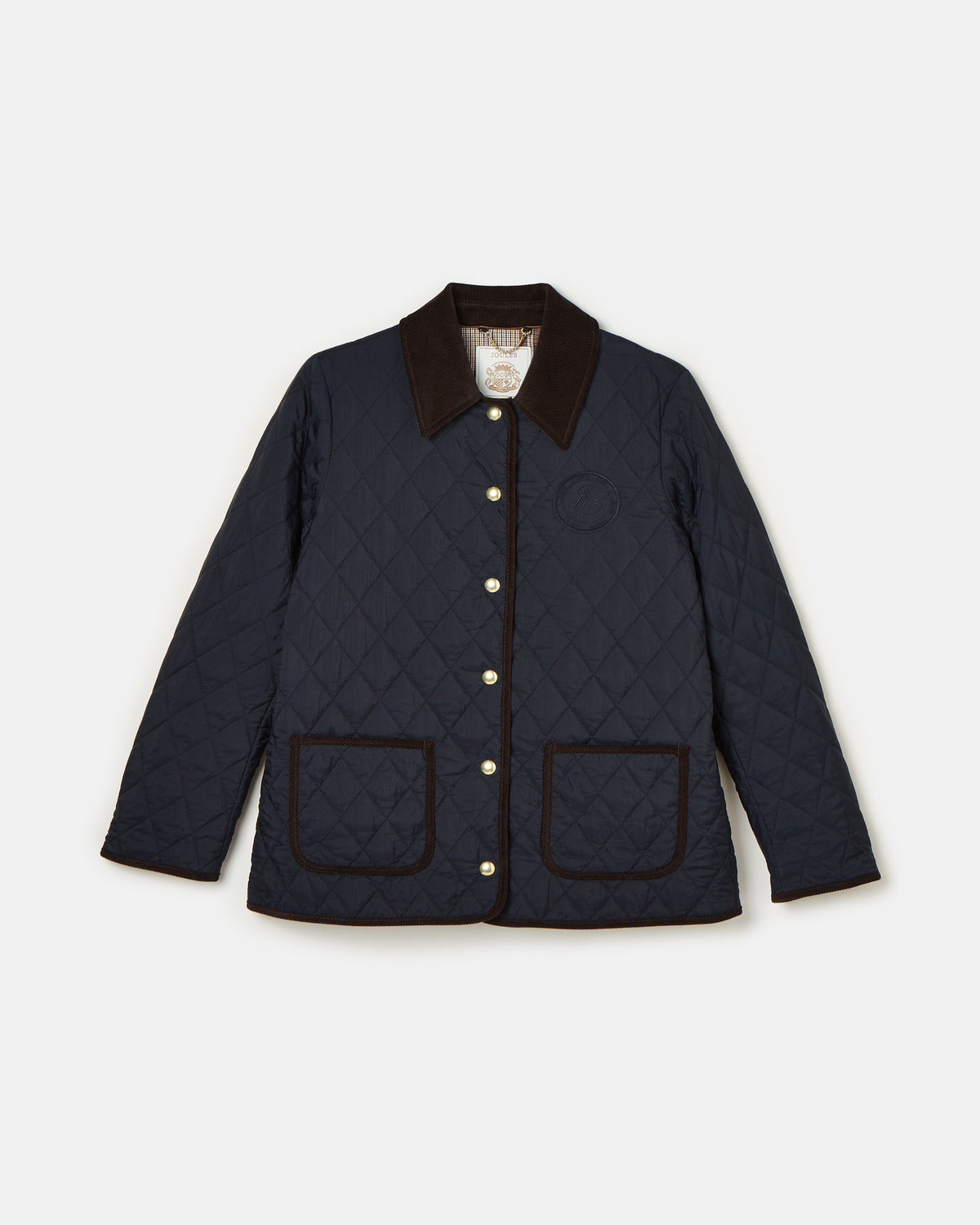 Joules Quinn Navy Quilted Coat: Diamond Pattern, Corduroy Collar, Showerproof Women's Jacket. Buy Now!