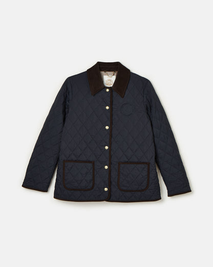 Joules Quinn Navy Quilted Coat: Diamond Pattern, Corduroy Collar, Showerproof Women's Jacket. Buy Now!