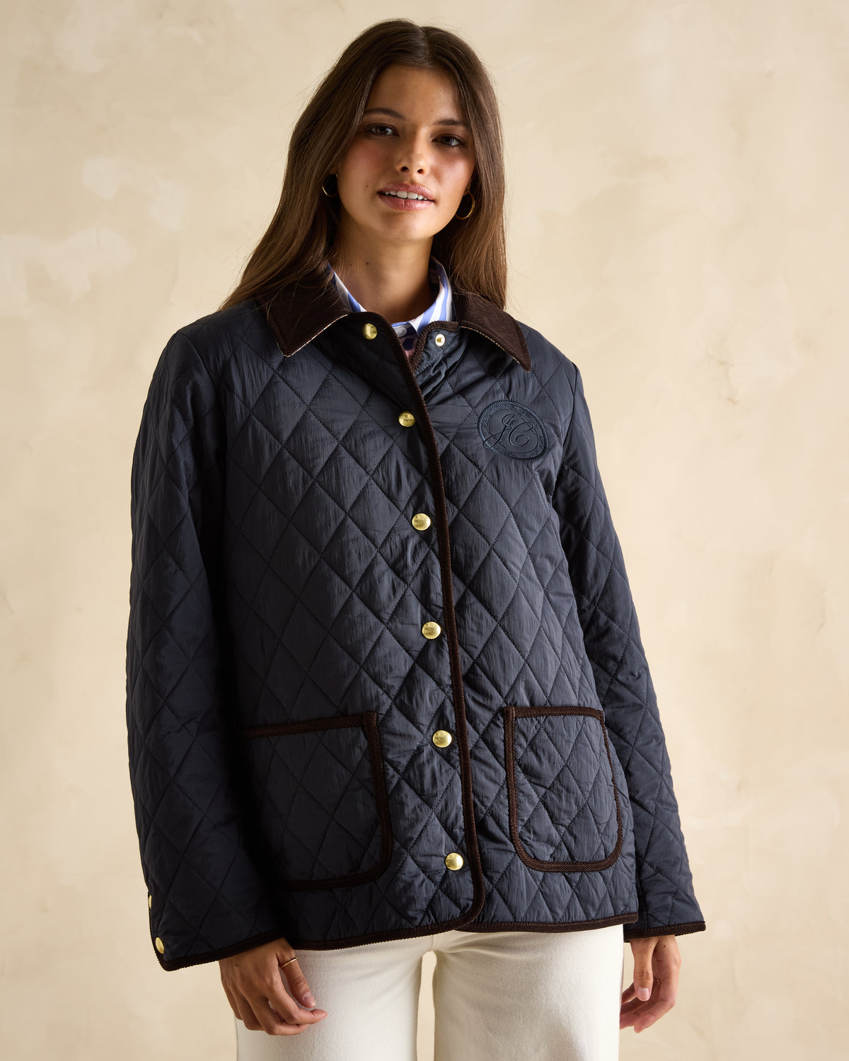 Joules Quinn Quilted Coat Navy: Womens diamond quilted jacket, corduroy collar. Shop Equiflair womens outerwear collection.