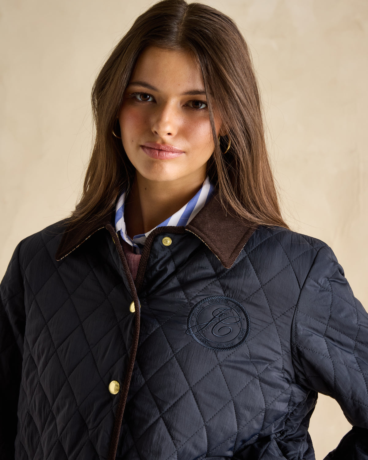Joules Quinn Navy Quilted Coat: Showerproof, Diamond Stitched with Corduroy Collar for Women