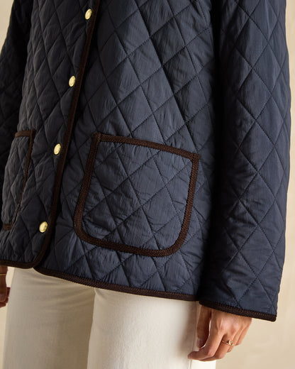 JOULES QUINN Navy Showerproof Diamond Quilted Coat with Corduroy Collar & Pockets | Stylish Women's Outerwear