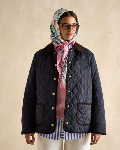JOULES QUINN Navy Showerproof Diamond Quilted Coat with Corduroy Collar - Shop Equiflair