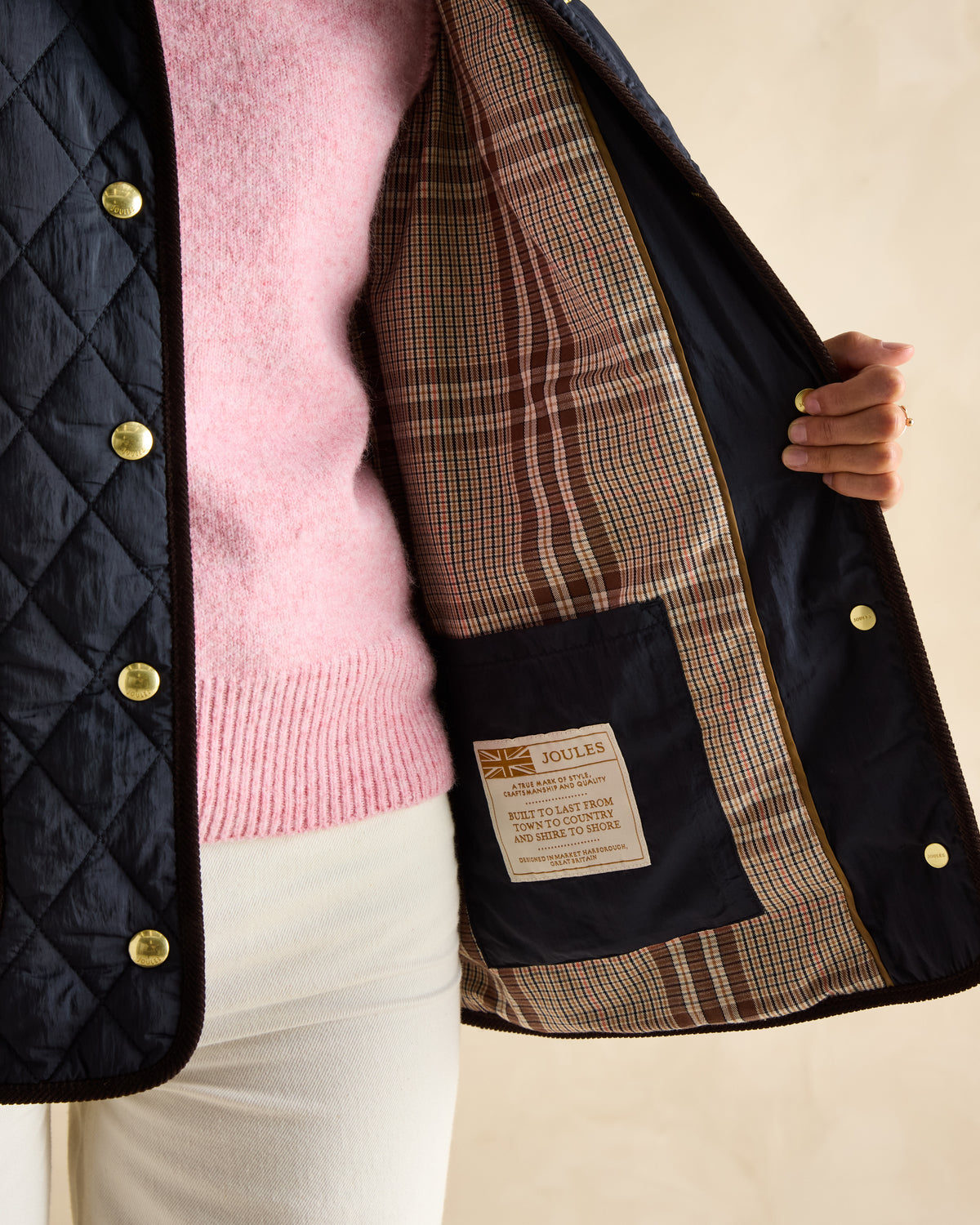 Joules Quinn Navy Quilted Coat with Checkered Lining and Gold Buttons - Stylish Women's Jacket