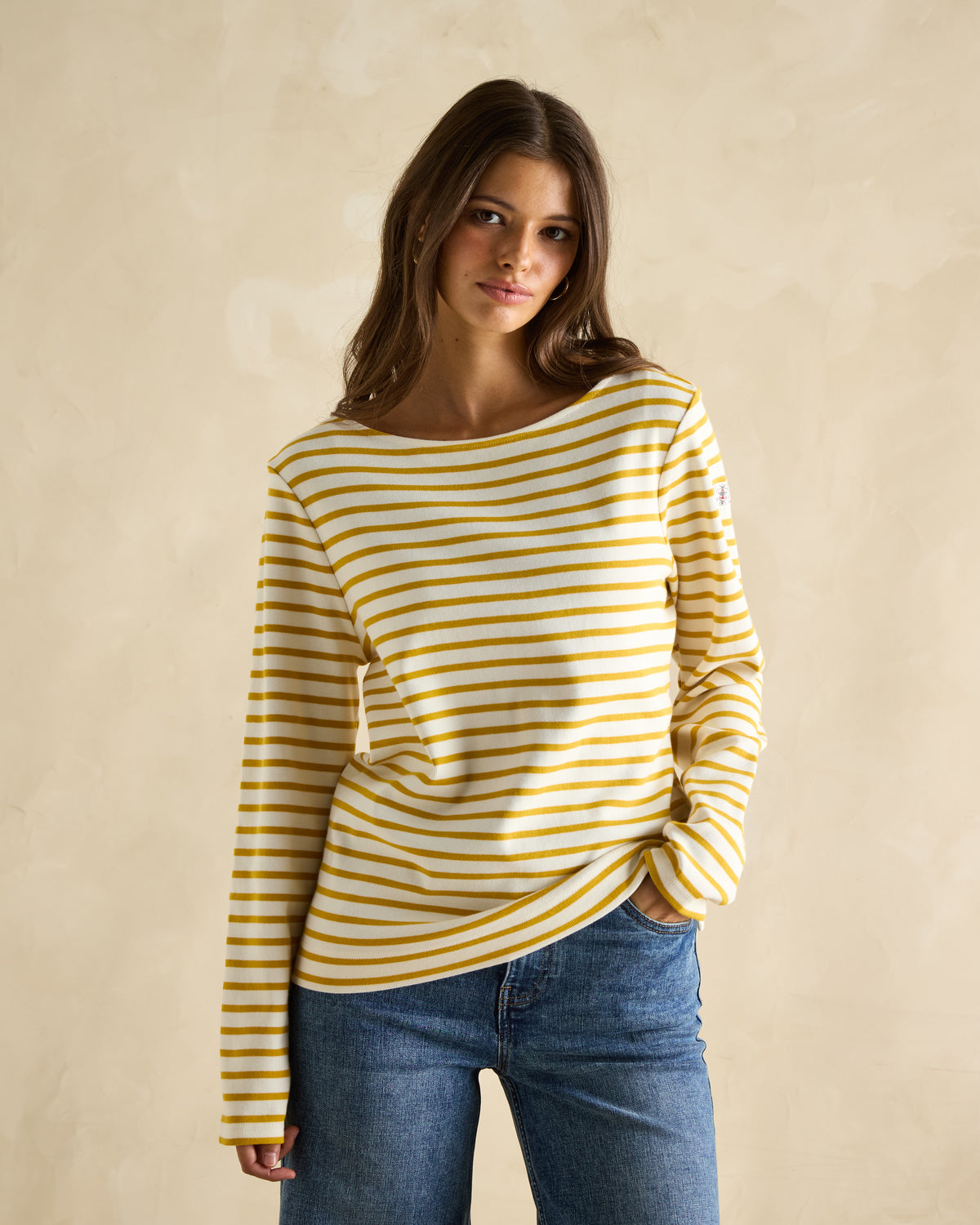 JOULES Harbour Top Mustard Yellow: Woman wearing striped Breton shirt, boat neck, relaxed fit by Equiflair