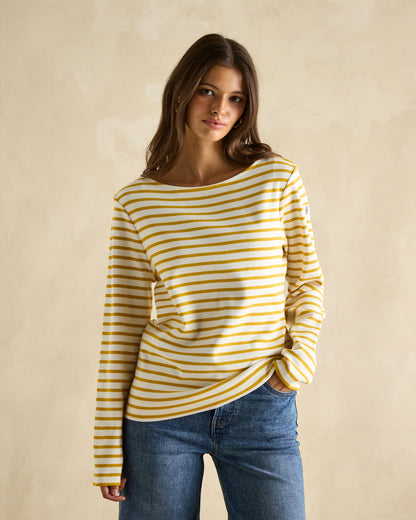 JOULES Harbour Top Mustard Yellow: Woman wearing striped Breton shirt, boat neck, relaxed fit by Equiflair